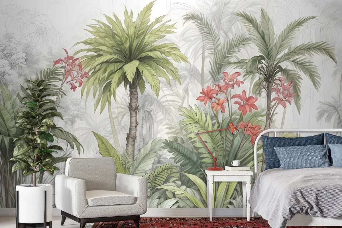 Watercolor Tropical Leaf And Flowers Wallpaper Mural