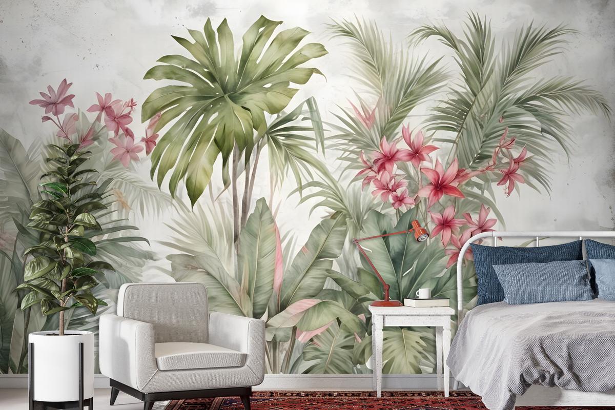 Watercolor Tropical Leaf And Flowers Wallpaper Mural