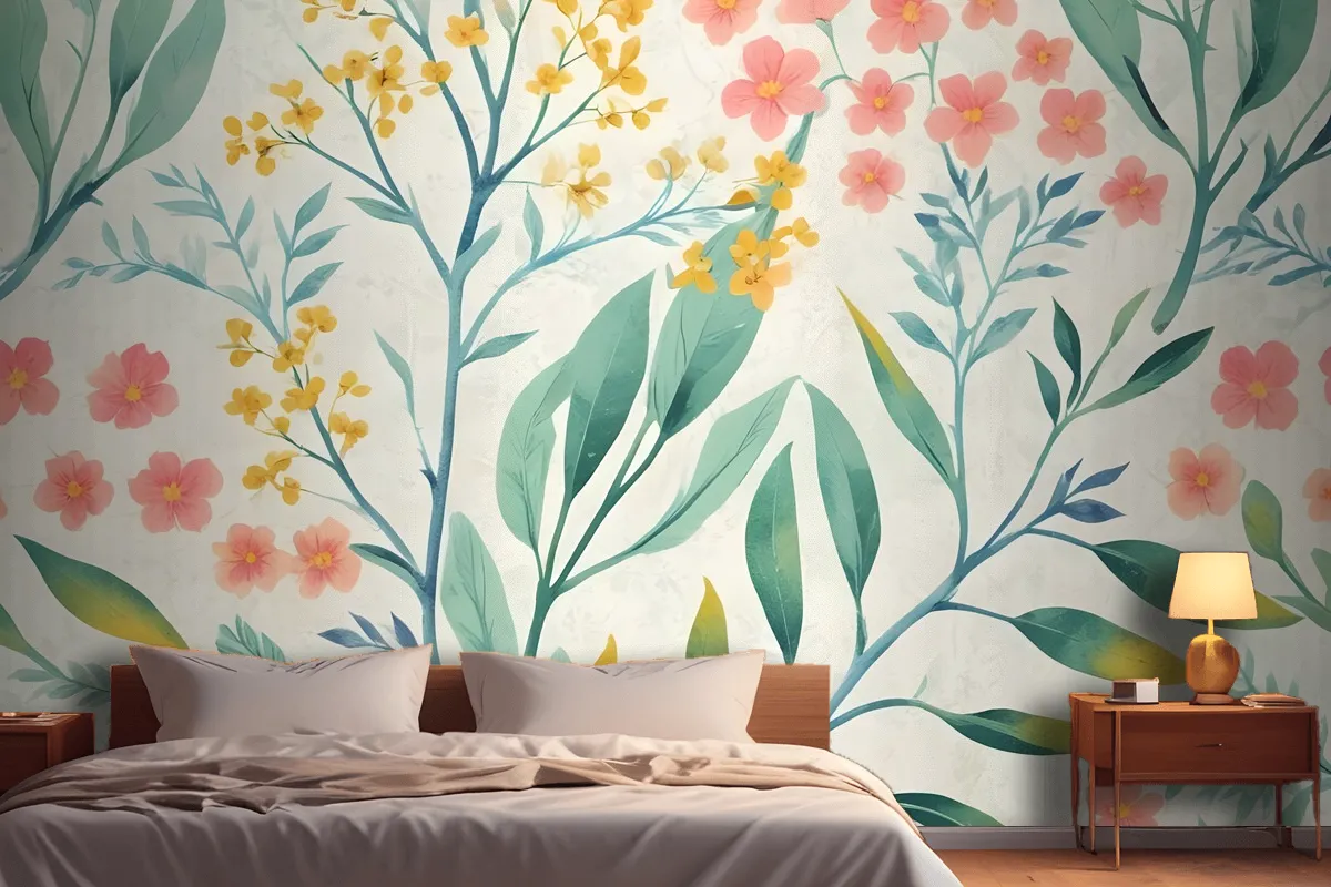 Watercolor Vintage Florals With Botanical Leaves Wallpaper Mural