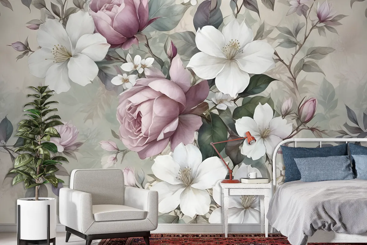 Watercolor Vintage Flower Wallpaper Mural