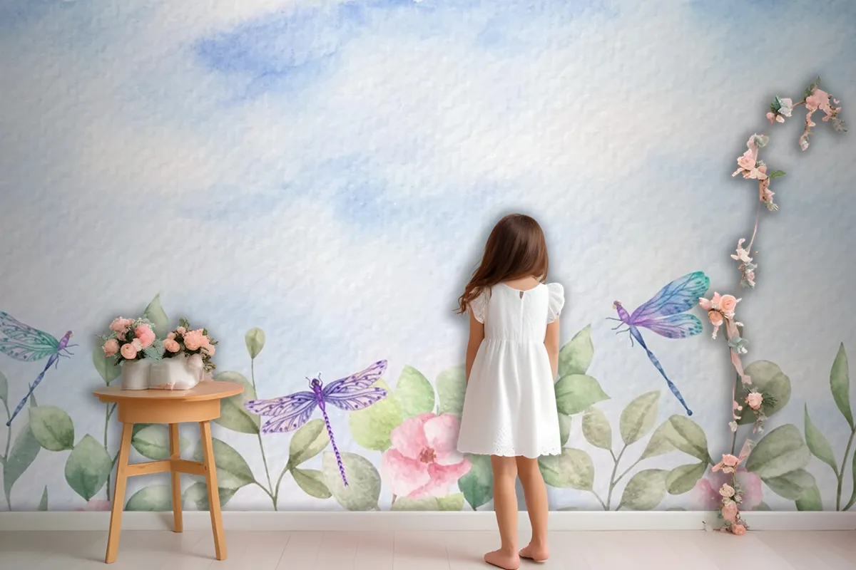 Watercolor Wild Leaves Landscape Background With Dragonflies Wallpaper Mural