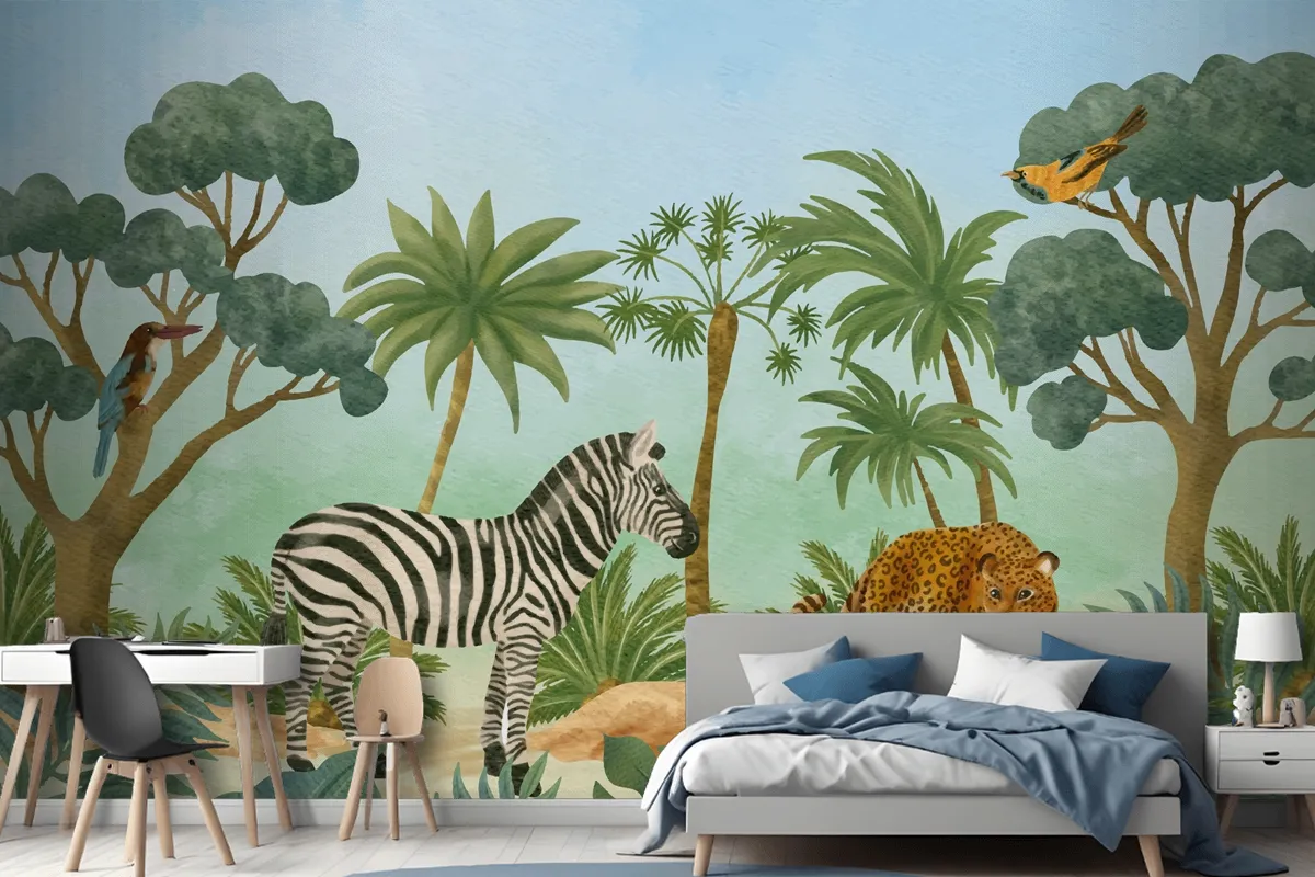 Watercolor Wildlife Background Kids Boy Wallpaper Mural