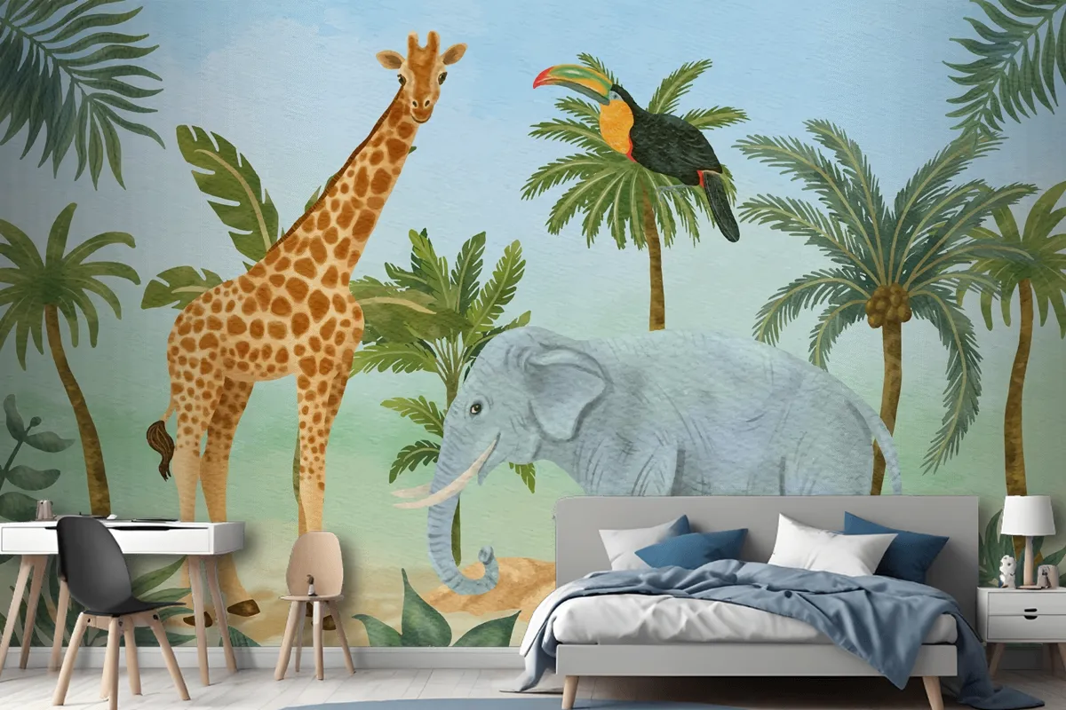 Watercolor Wildlife Background Kids Boys Wallpaper Mural