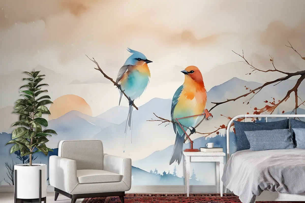 Watercolor Winter Landscape And Colorful Bird Wallpaper Mural