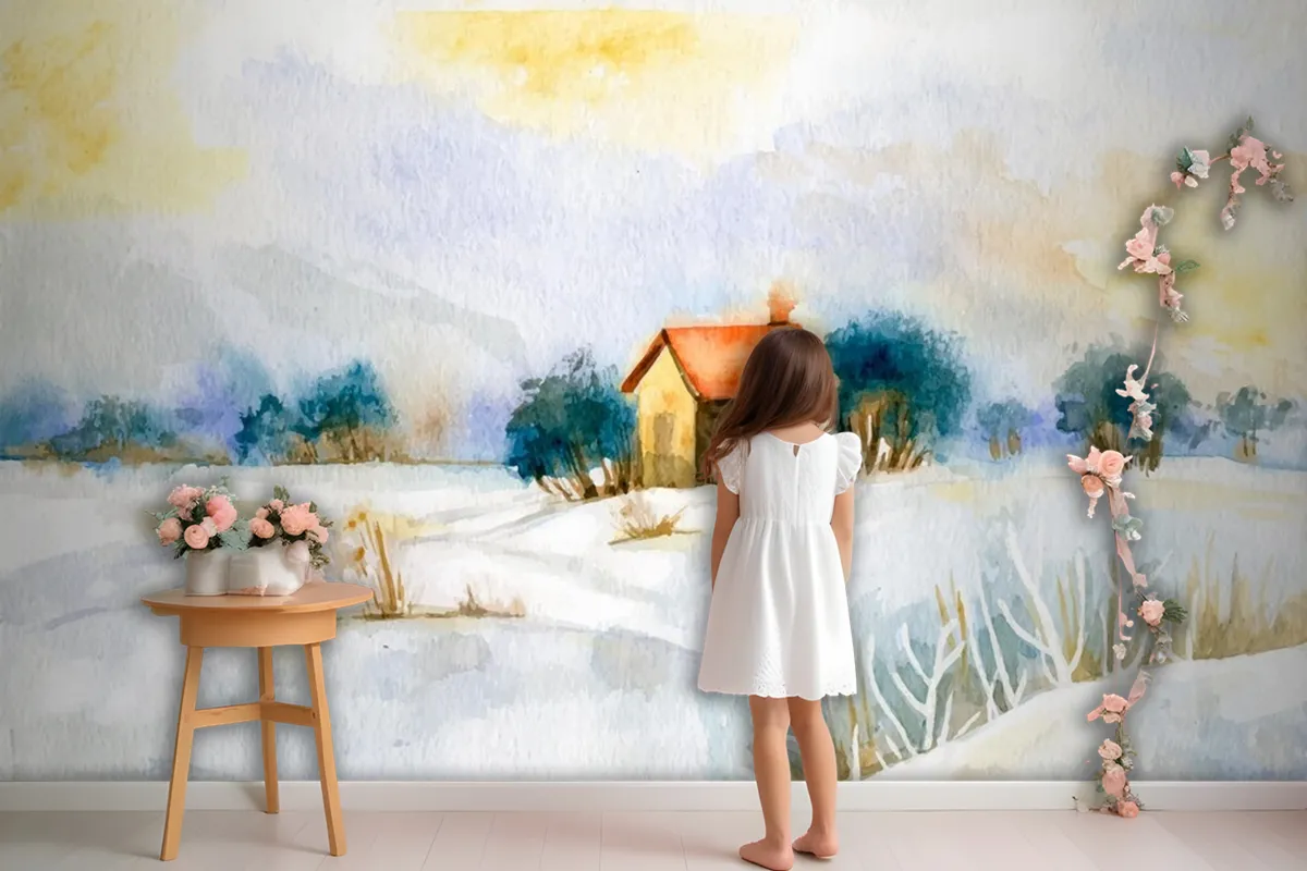 Watercolor Winter Landscape Girl Wallpaper Mural