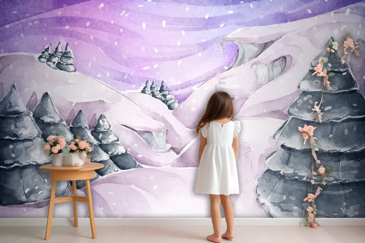 Watercolor Winter Landscape With Pines Wallpaper Mural