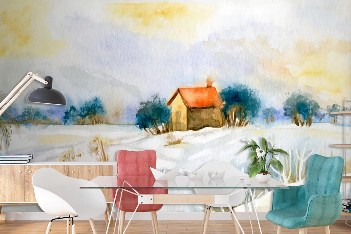 Watercolor Winter Landscape Wallpaper Mural