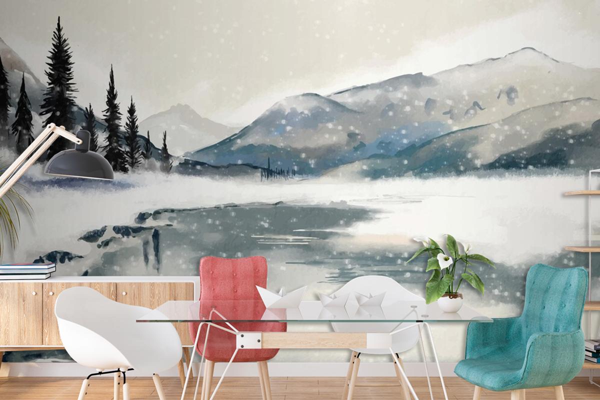 Watercolor Winter Landscape Dining Room Wallpaper Mural