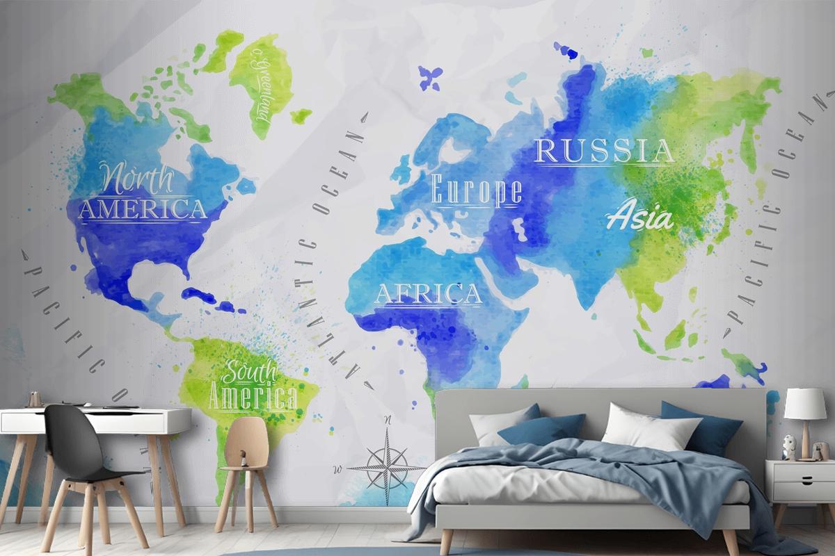 Watercolor World Map Kids Wallpaper Mural