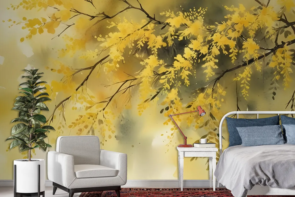 Watercolor Yellow Tree Landscape Wallpaper Mural