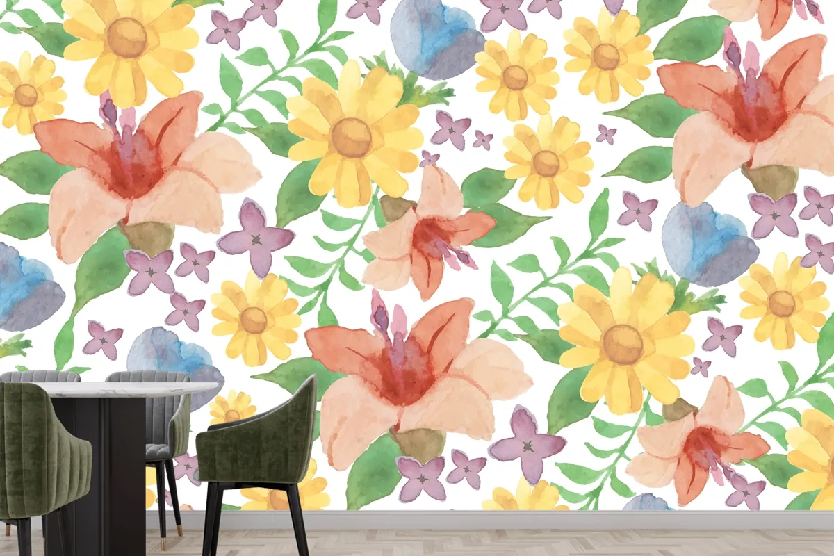 Watercolour Floral Background With Lilies Wallpaper Mural