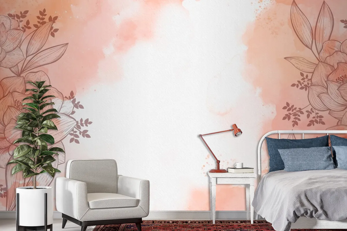 Watercolour With Hand Drawn Flowers Background Wallpaper Mural