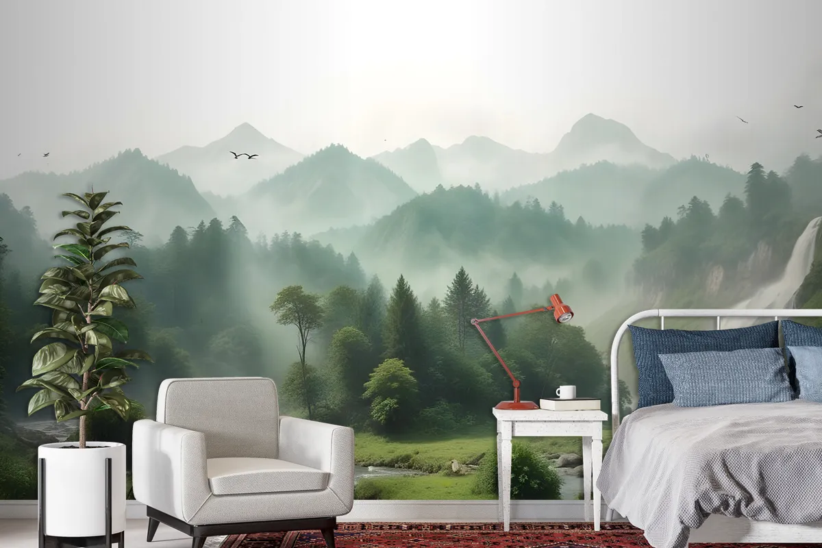 Waterfall With Misty Green Forest Landscape Wallpaper Mural