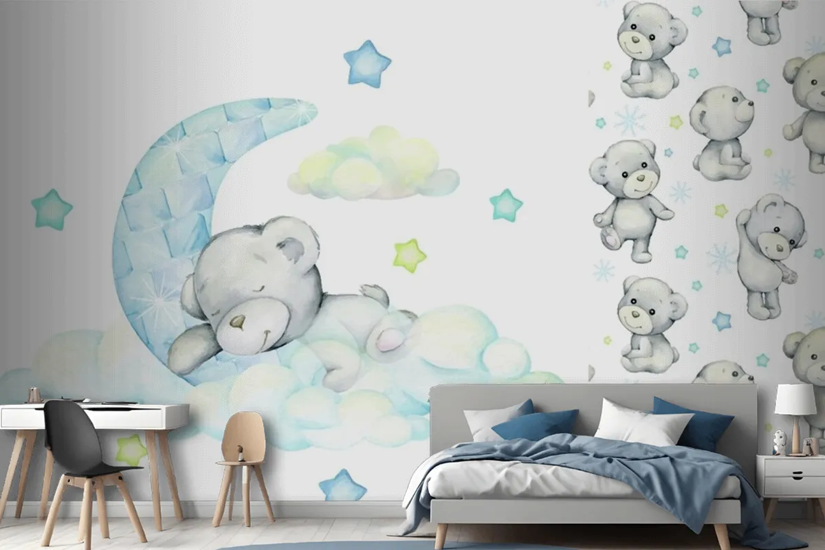 White Bear Sleeps On The Moon And Clouds Wallpaper Mural