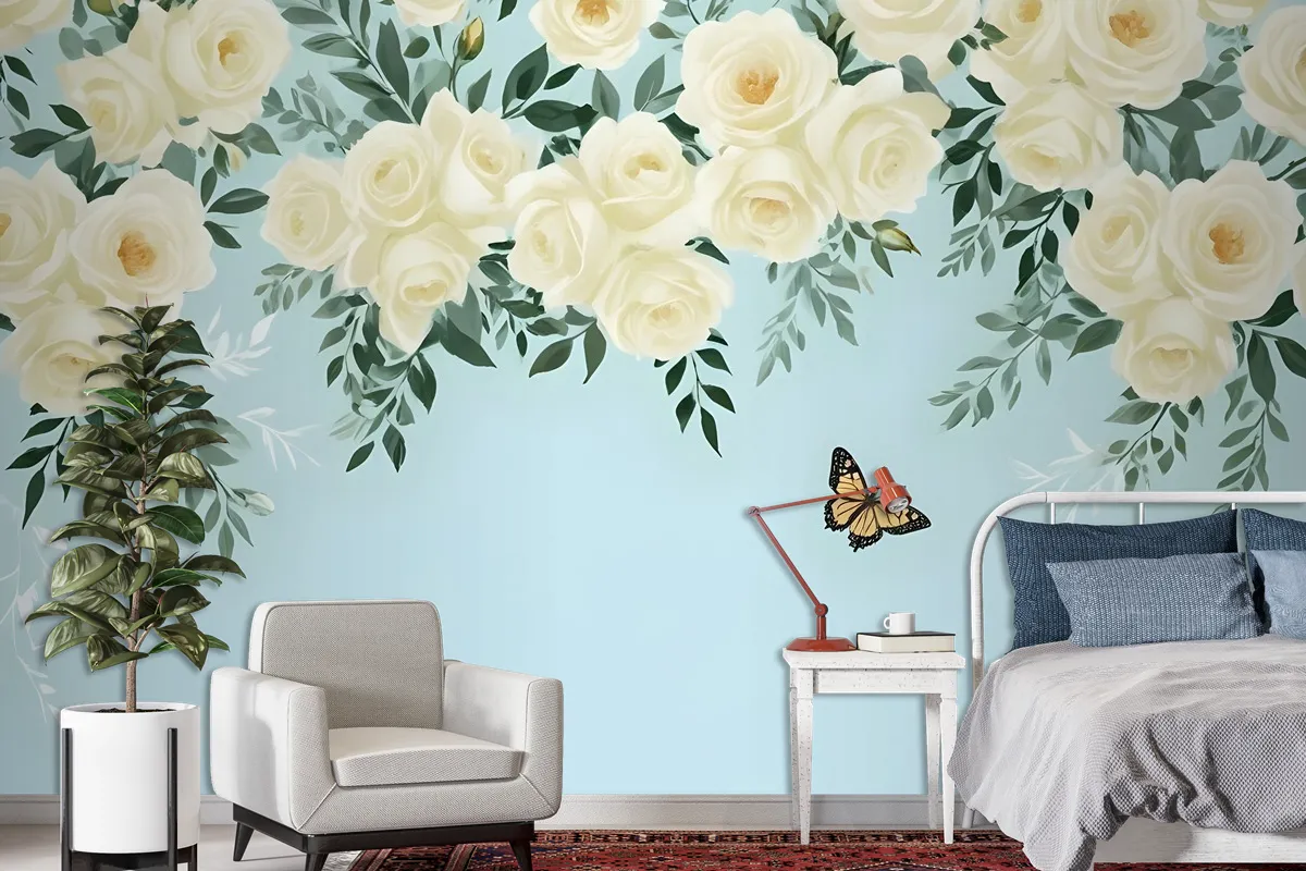 White Flowers And Yellow Butterfly Wallpaper Mural