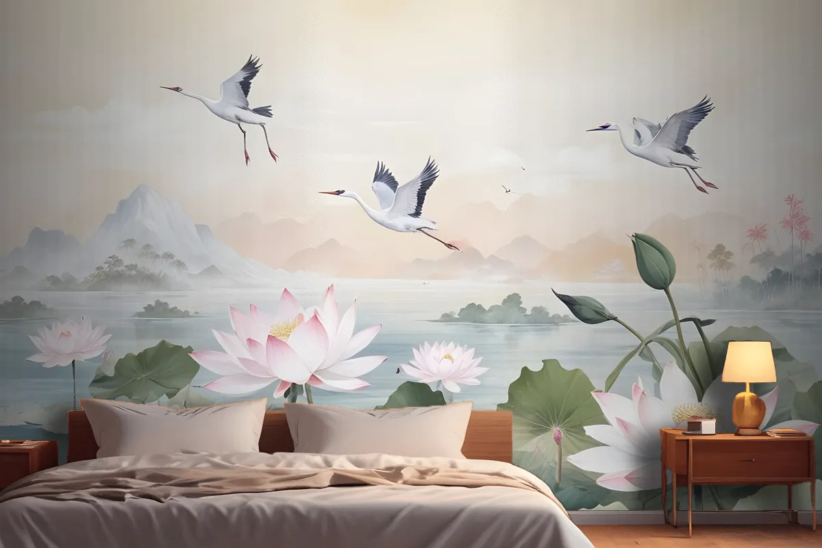 White Lotus Floral And Crane Birds Wallpaper Mural