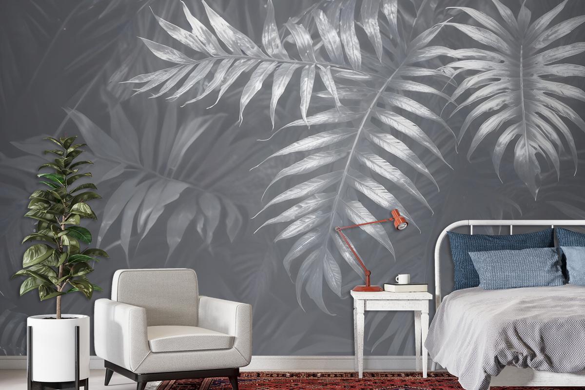 White Tropical Leafy Wallpaper Mural