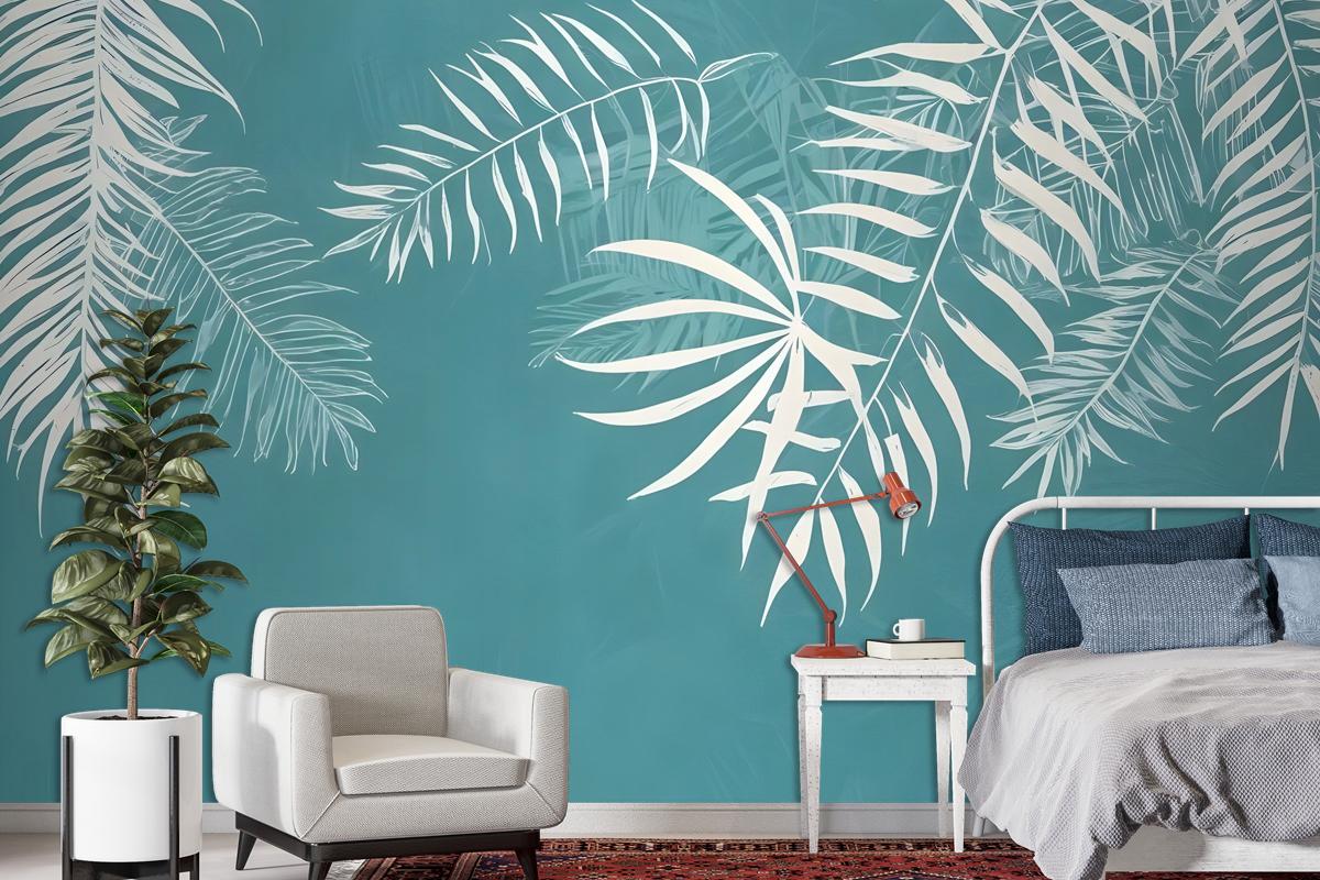 White Tropical Leaves Wallpaper Mural