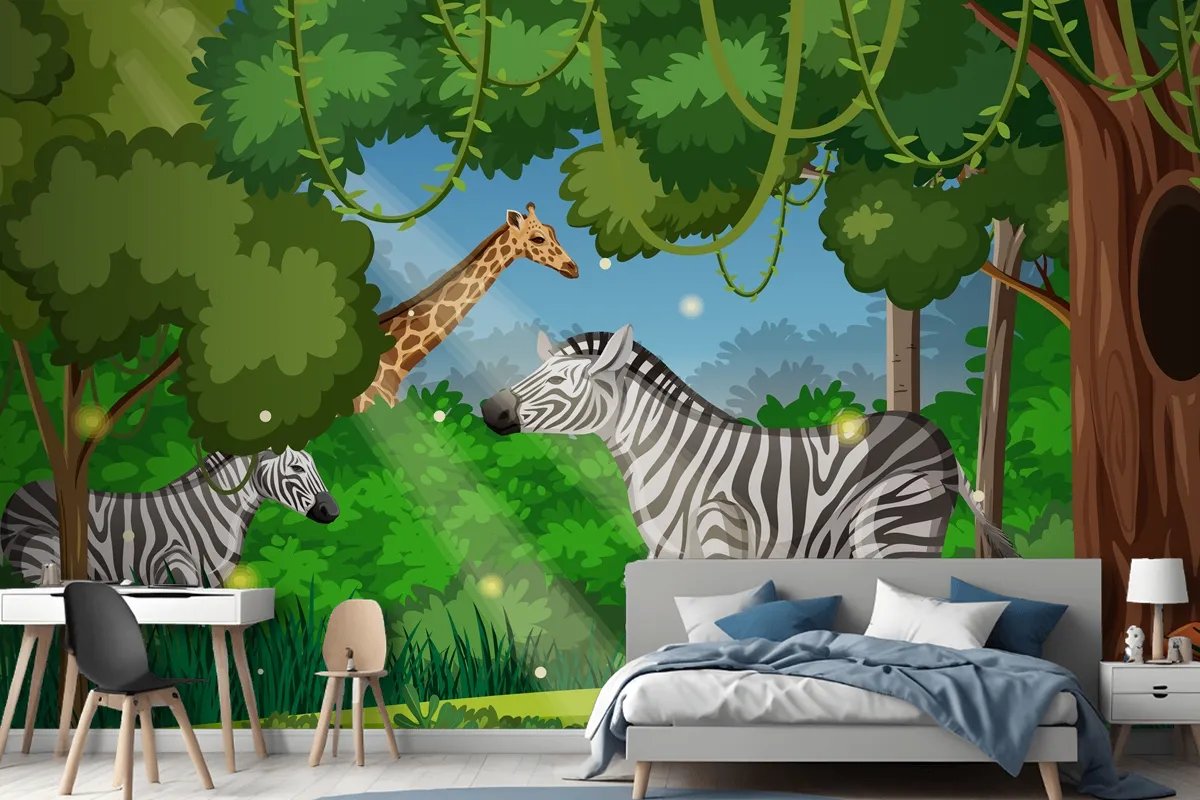 Wild Animals In Forest Landscape Wallpaper Mural