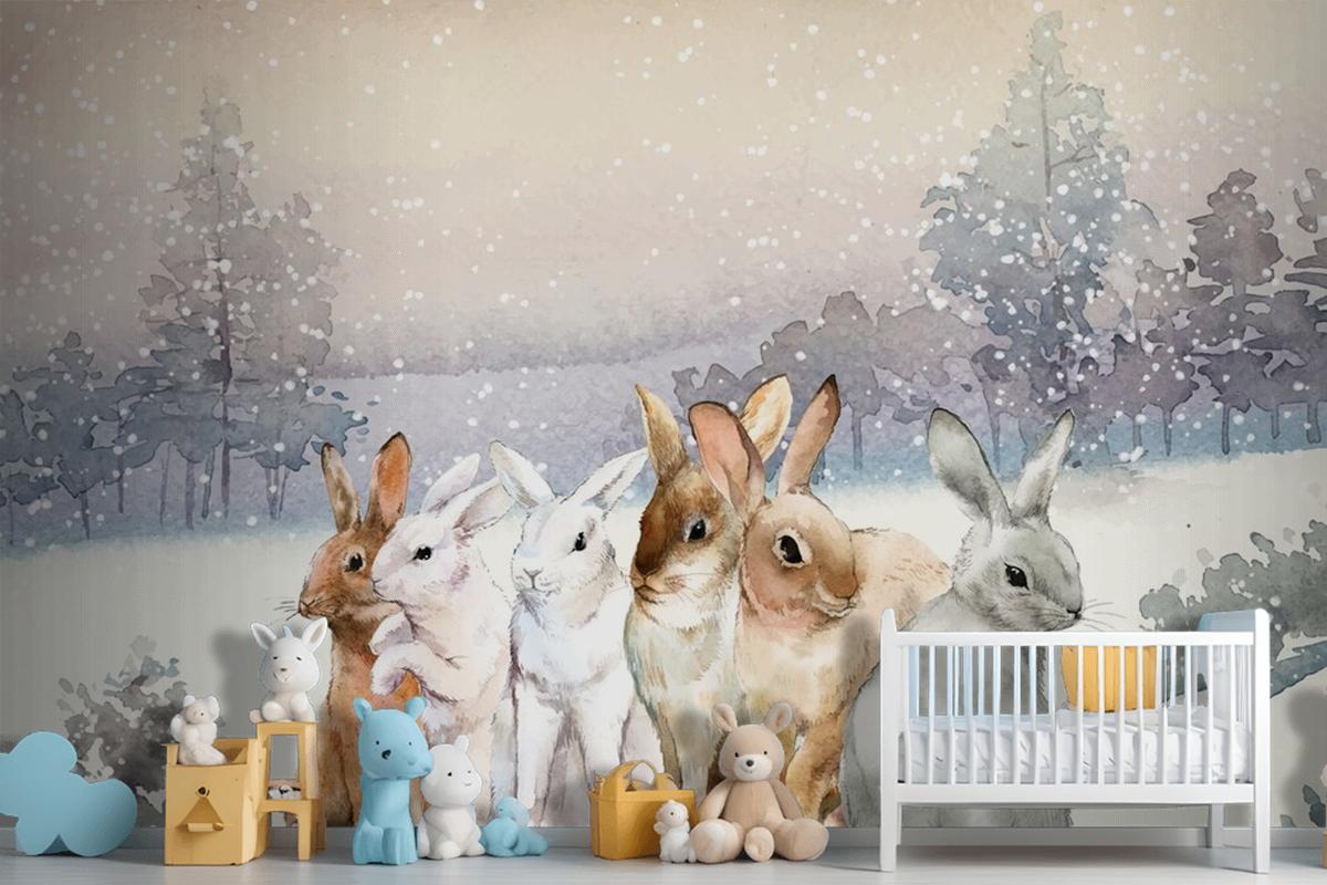 Wild Rabbits In The Winter Snow Painted By Watercolor Wallpaper Mural