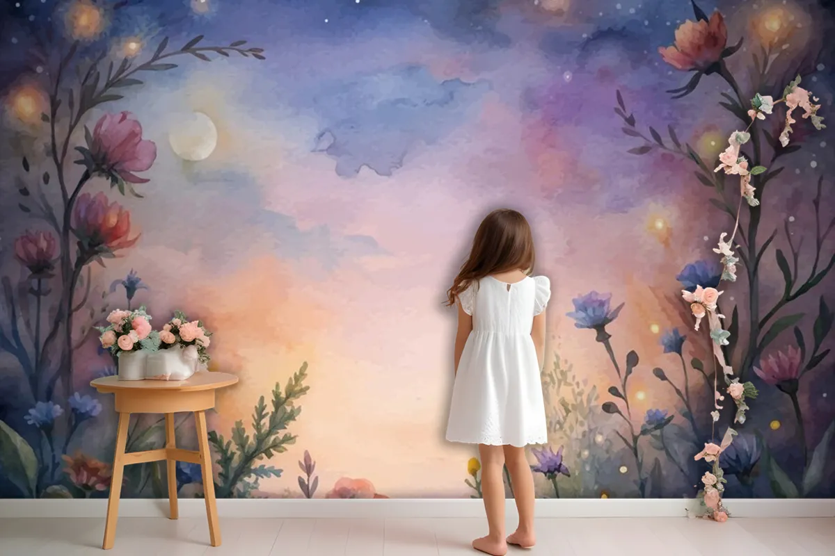 Wildflower Watercolor Background At Sunset Wallpaper Mural