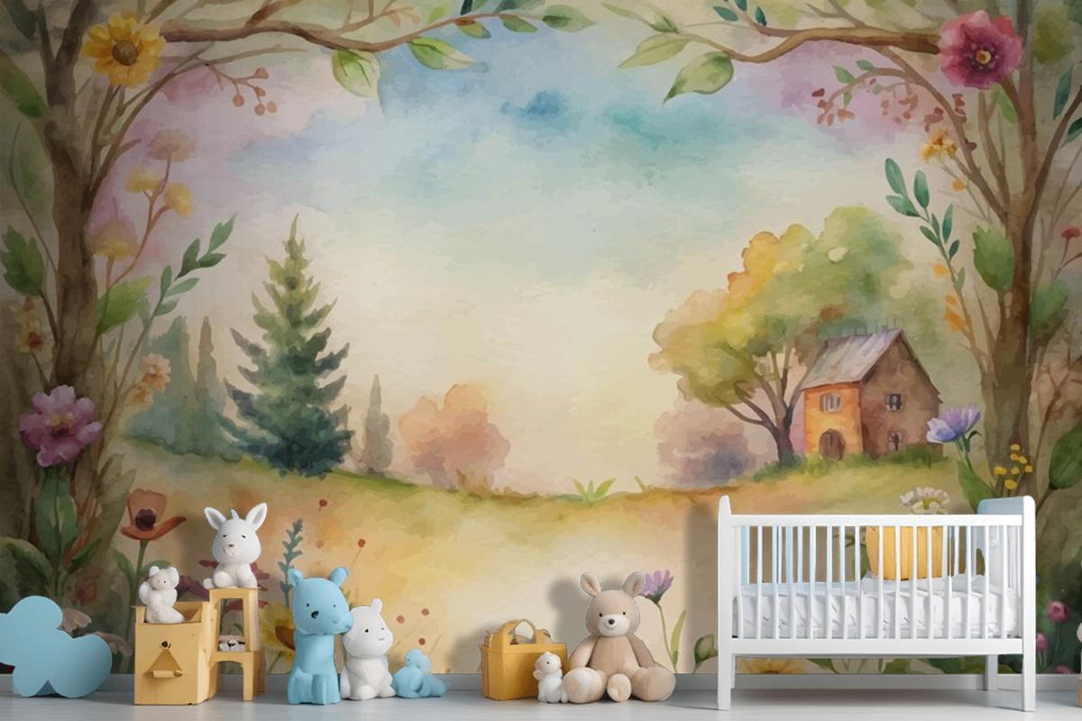 Wildflower Watercolor Background In The Countryside Wallpaper Mural