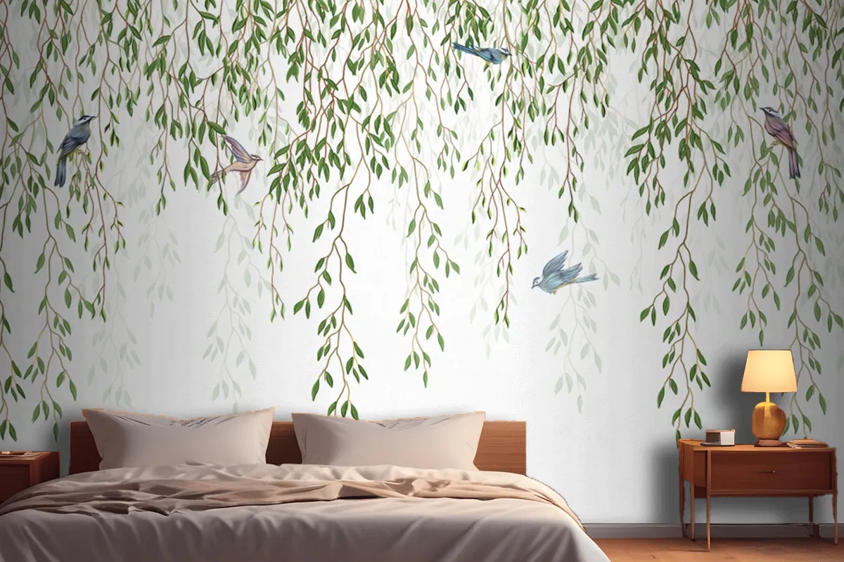 Willow Branches Hanging From Above With Birds On A White Background Wallpaper Mural