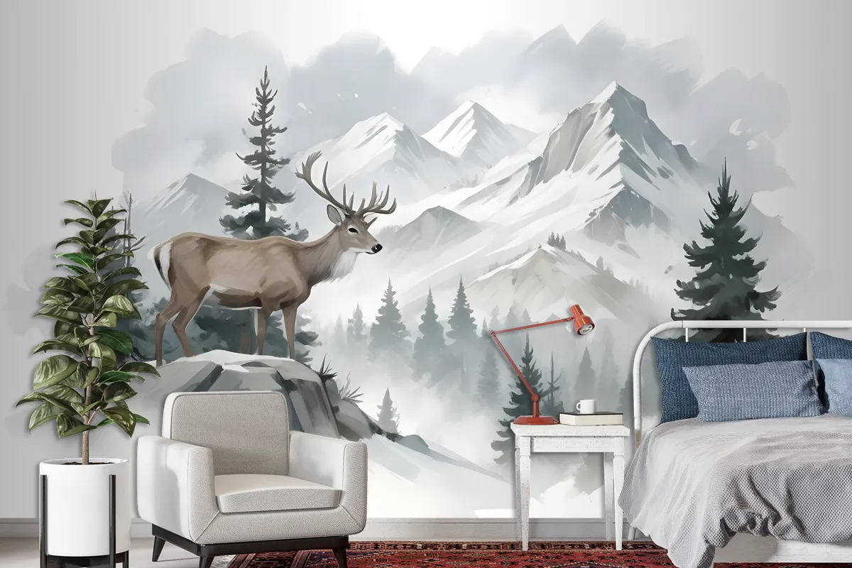 Winter Forest And Horned Deer Wallpaper Mural