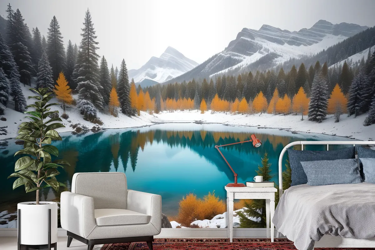 Winter Lake Landscape With Pine Forest Wallpaper Mural