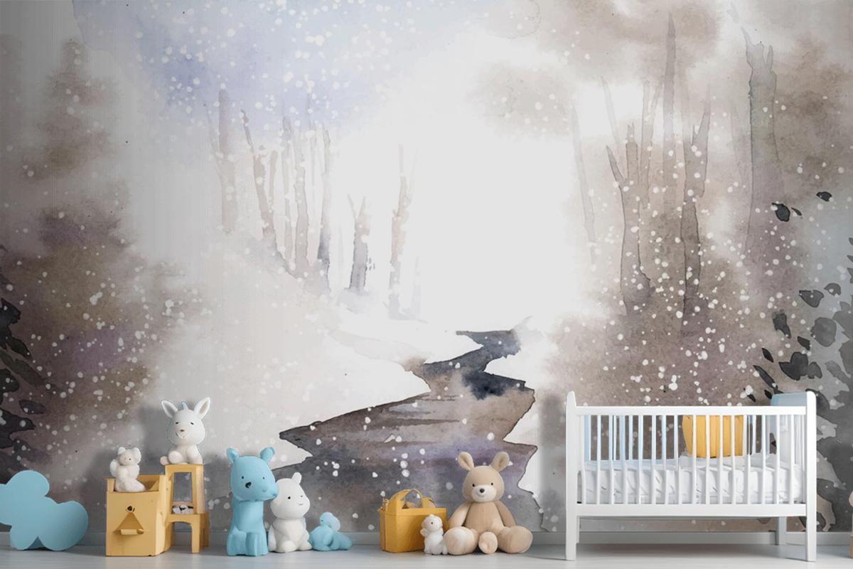 Winter Wonderland Landscape Painted By Watercolor Wallpaper Mural