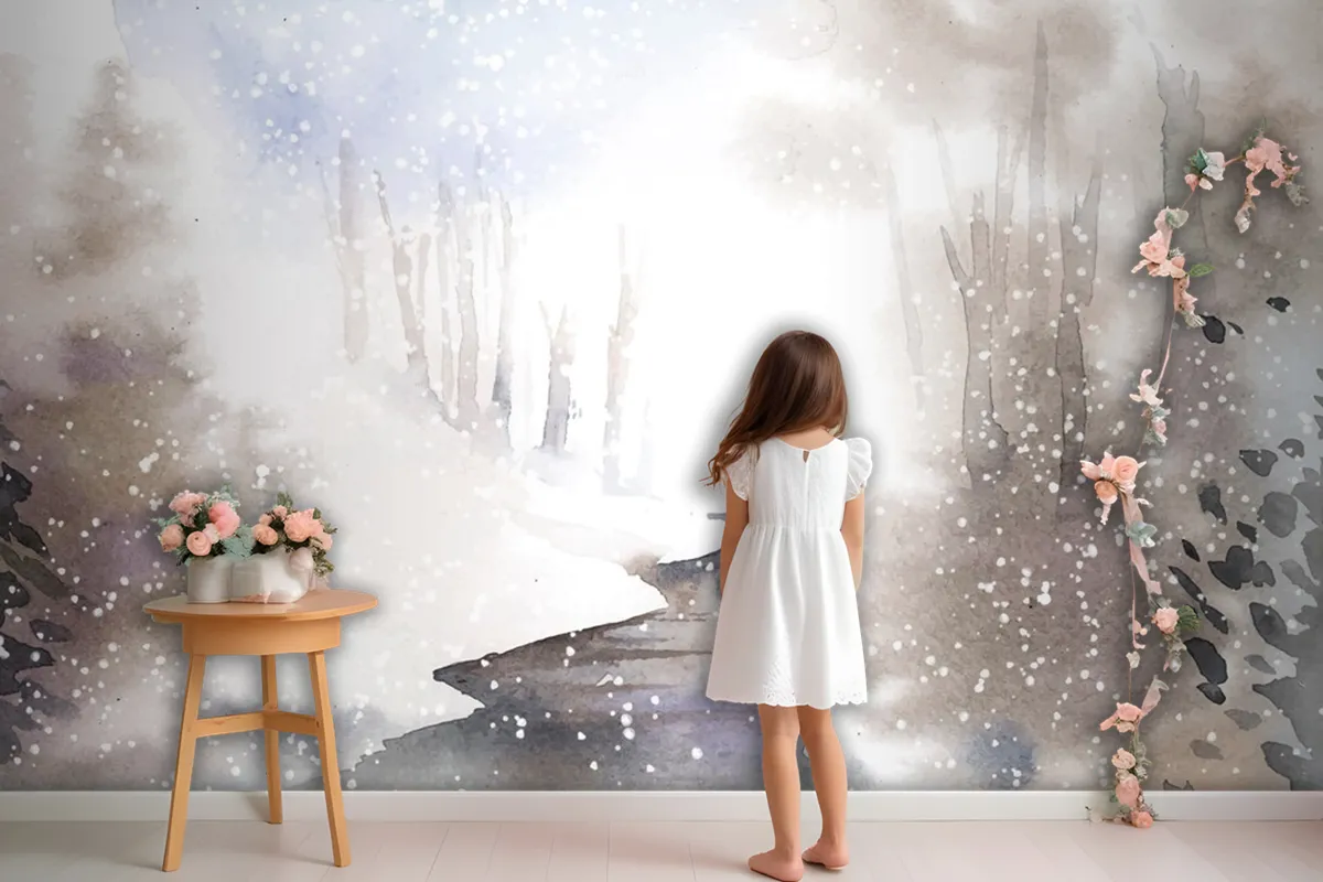 Winter Wonderland Landscape Painted By Watercolor Wallpaper Mural