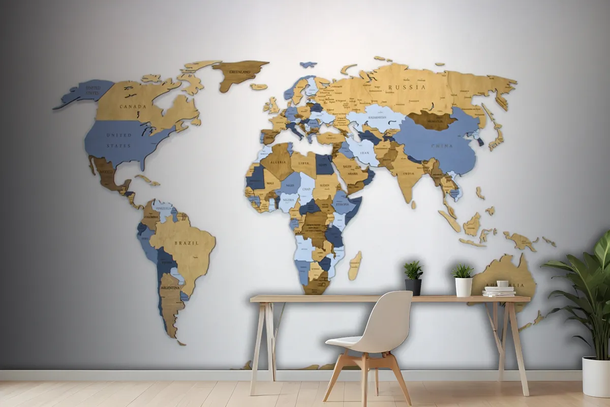 Wooden Color Multilayer World Map On A White Wallpaper Mural