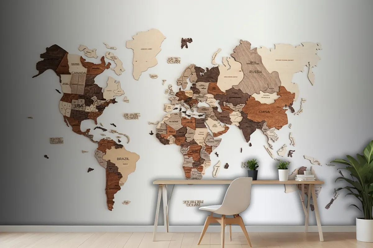 World Map Made Of Wood Crafts Wallpaper Mural