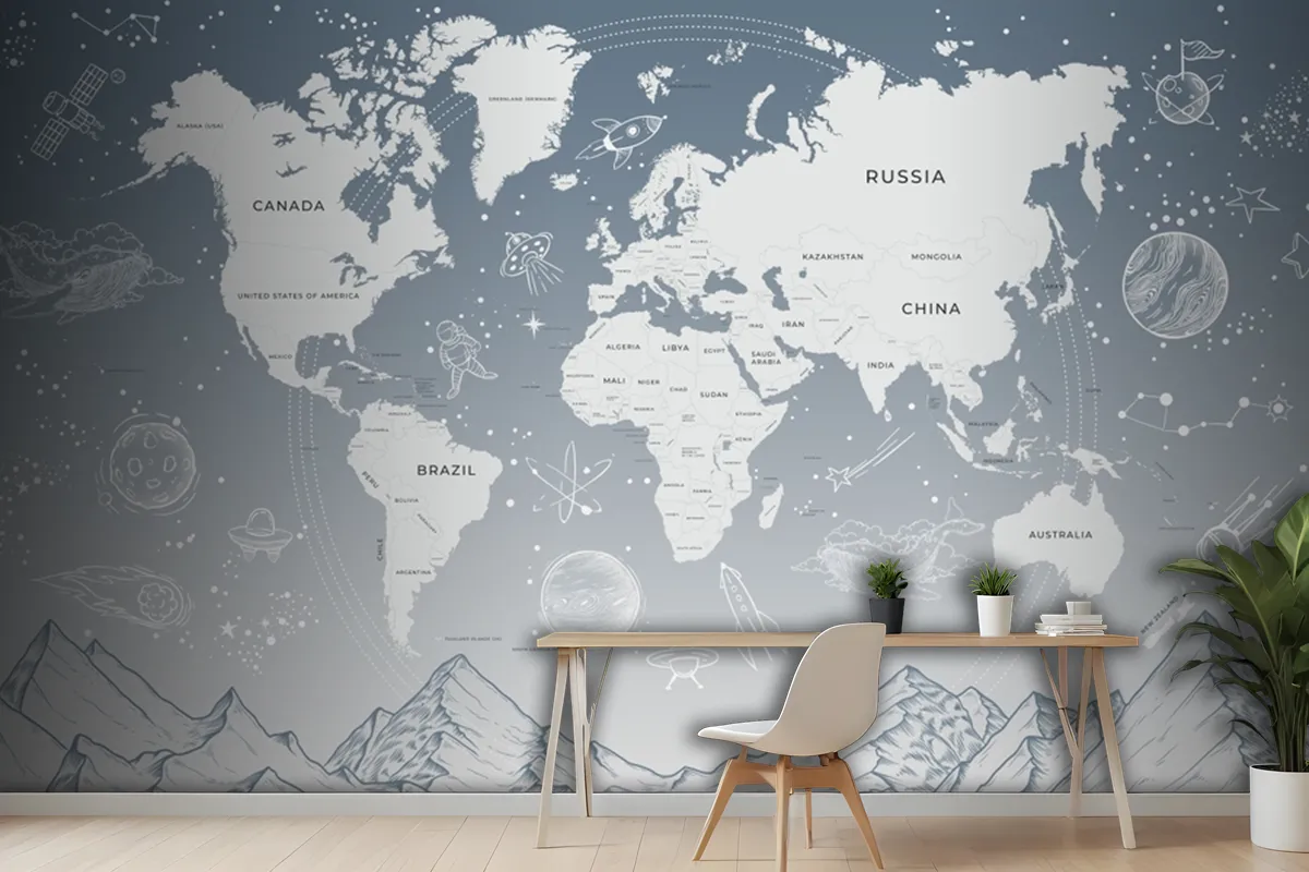 World Map Soft Blue Background Solar System Galaxy Space Wallpaper Mural