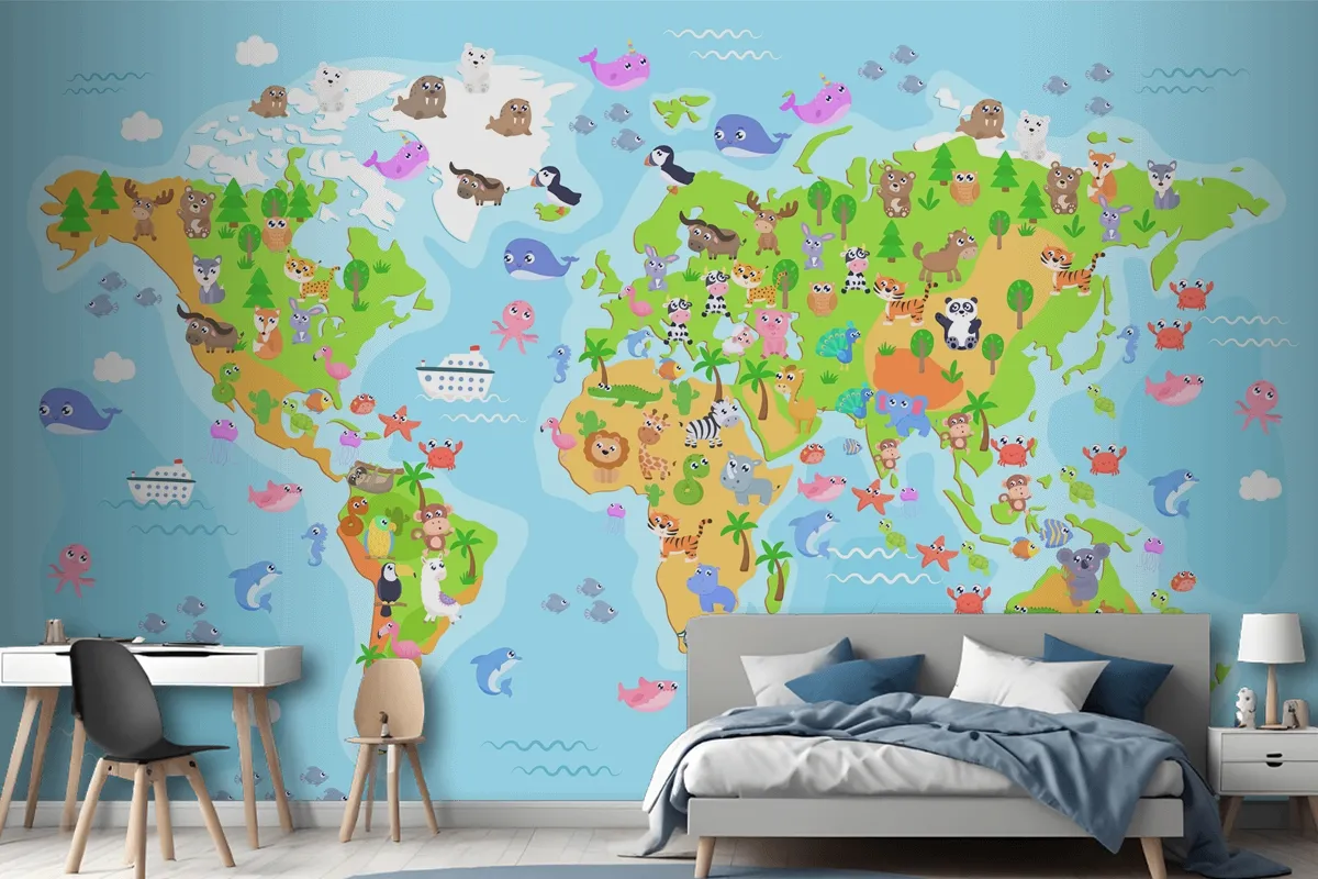 World Map With Animals For Kids Wallpaper Mural