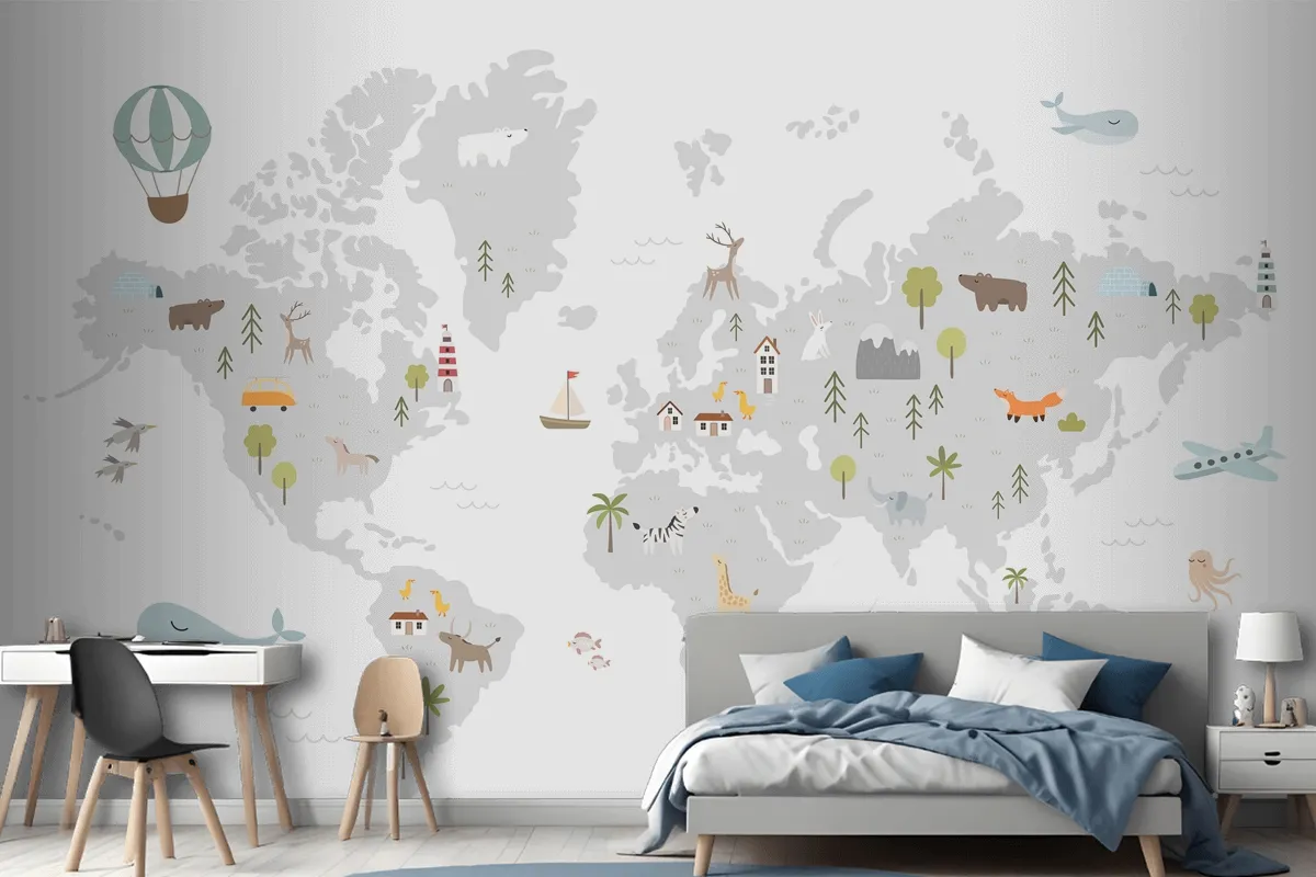 World Map With Animals Houses Nature Elements Wallpaper Mural