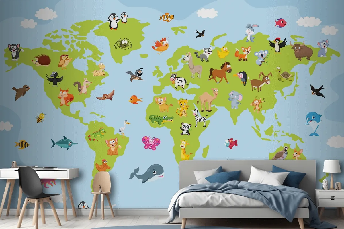 World Map With Cartoon Animals Wallpaper Mural