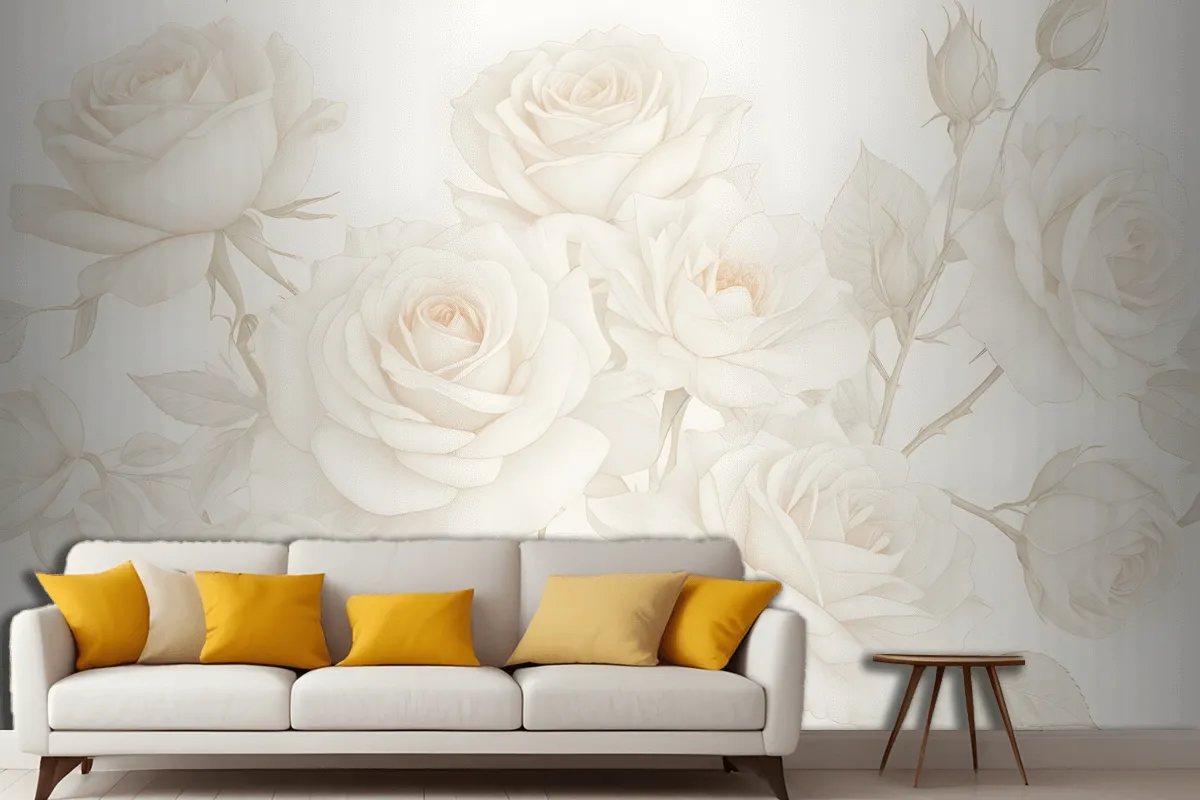 Yellow Large Illustrated Roses Wallpaper Mural