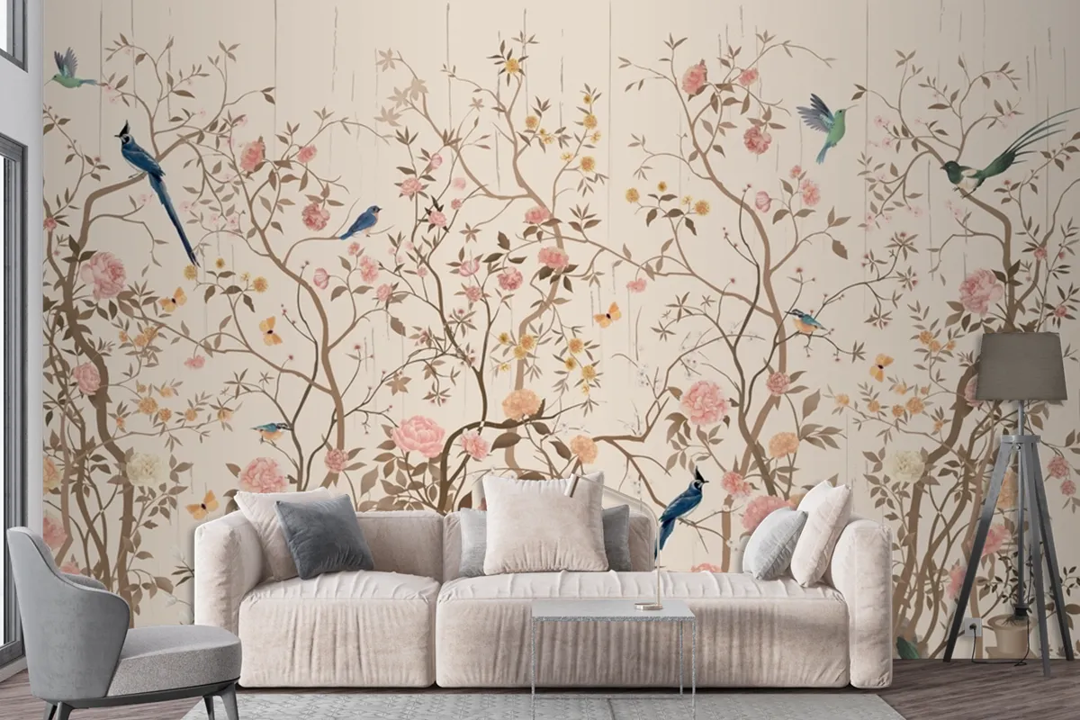 Chinoiserie Wallpaper With Birds And Flowers Wallpaper Mural