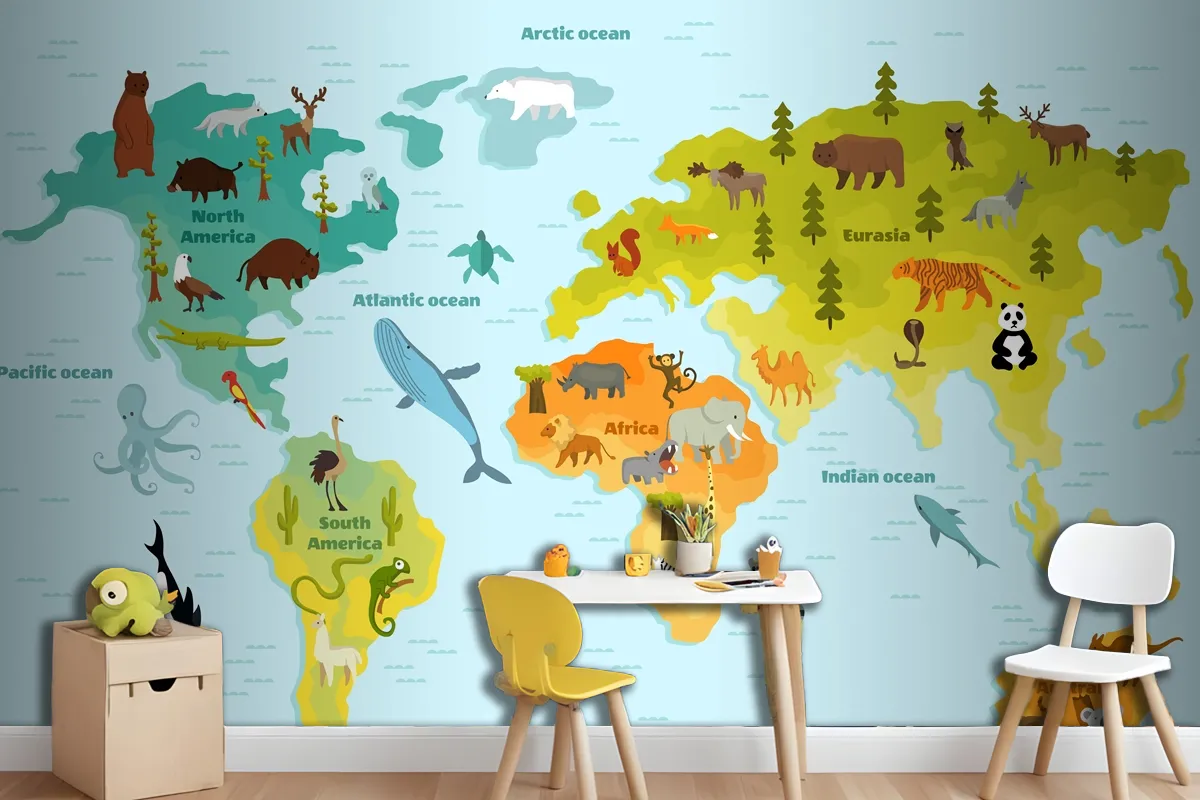 Funny Cartoon Animal World Map For Children With The Continents Wallpaper Mural