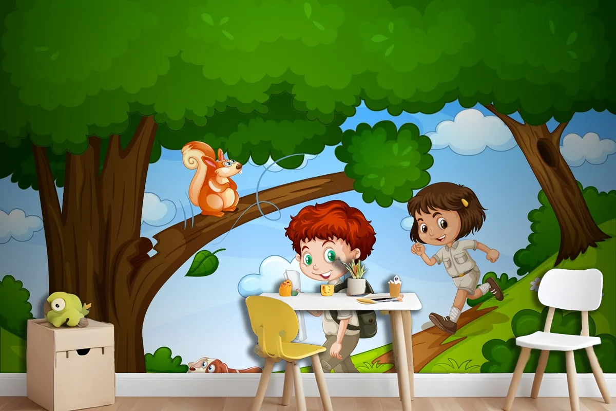 Boy And Girl Enjoy In The Park With Cute Animal Scene Wallpaper Mural