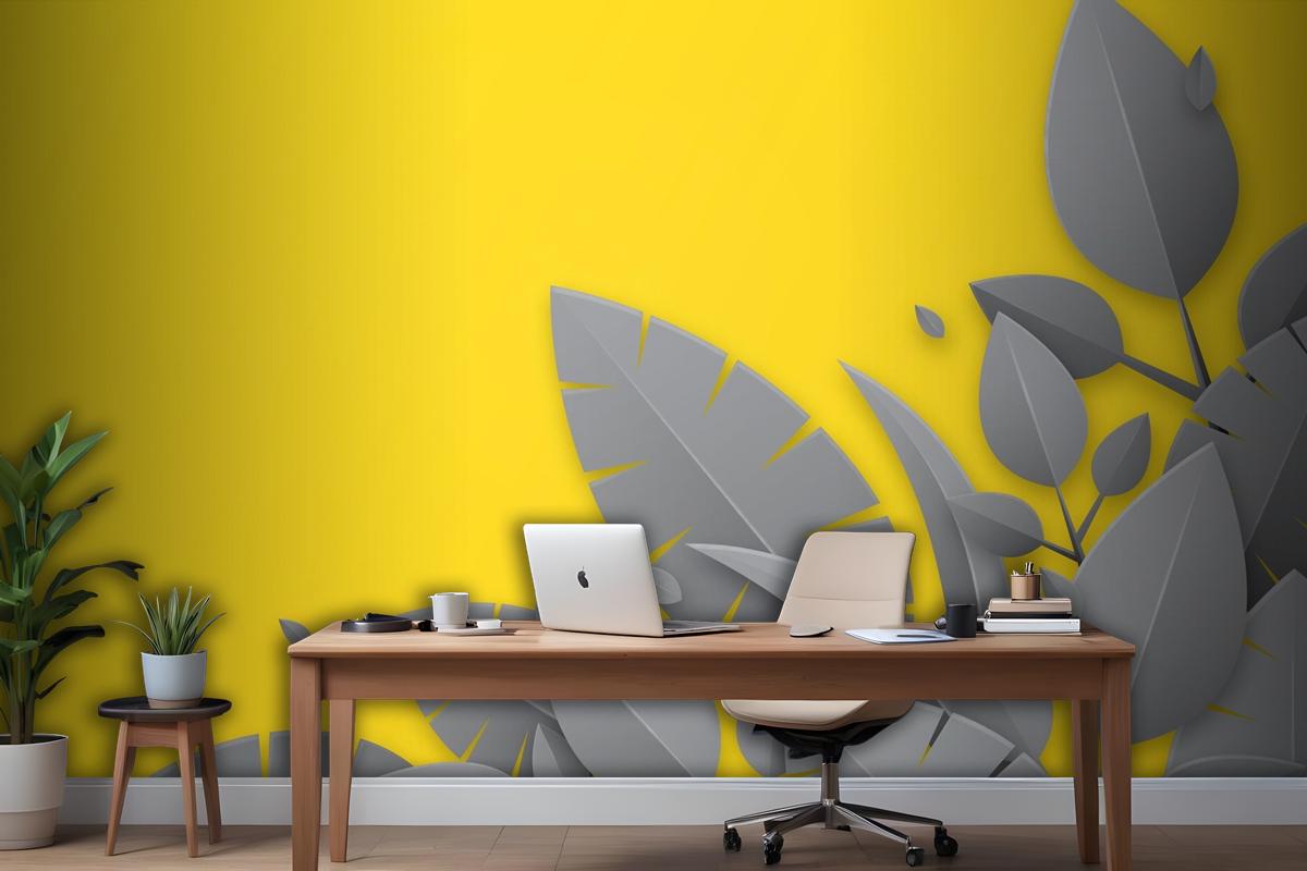 Yellow Background And Gray Leaves Office Wallpaper Mural