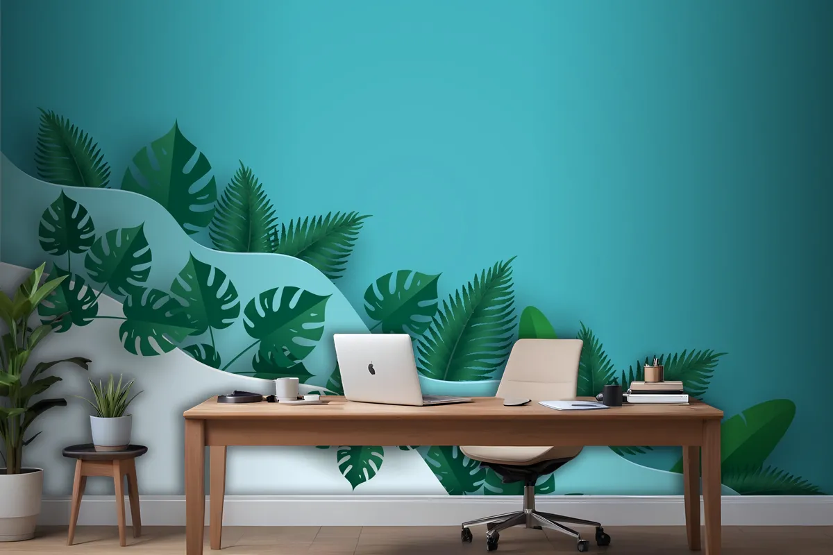 Green Leafs Or Foliage In Multi Wave Layer Wallpaper Mural