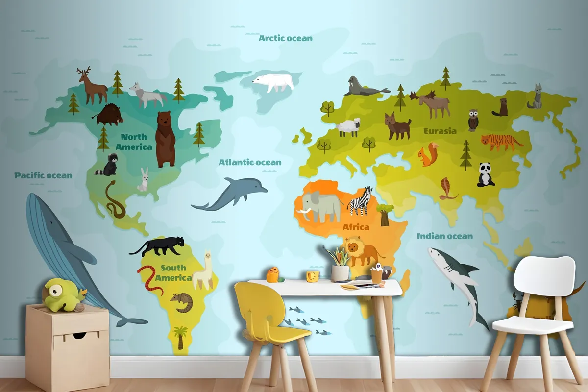 World Map With Different Animal Wallpaper Mural