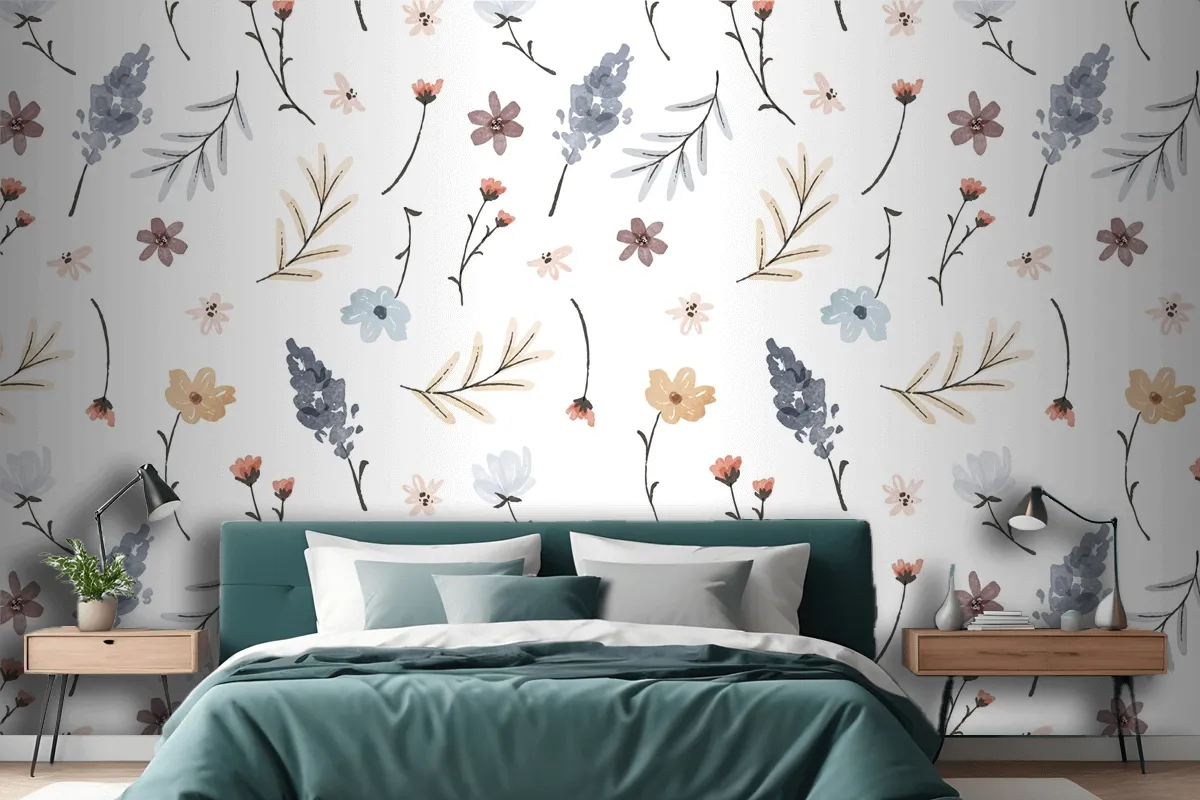 Hand Painted Watercolor Pressed Flowers Pattern Wallpaper Mural