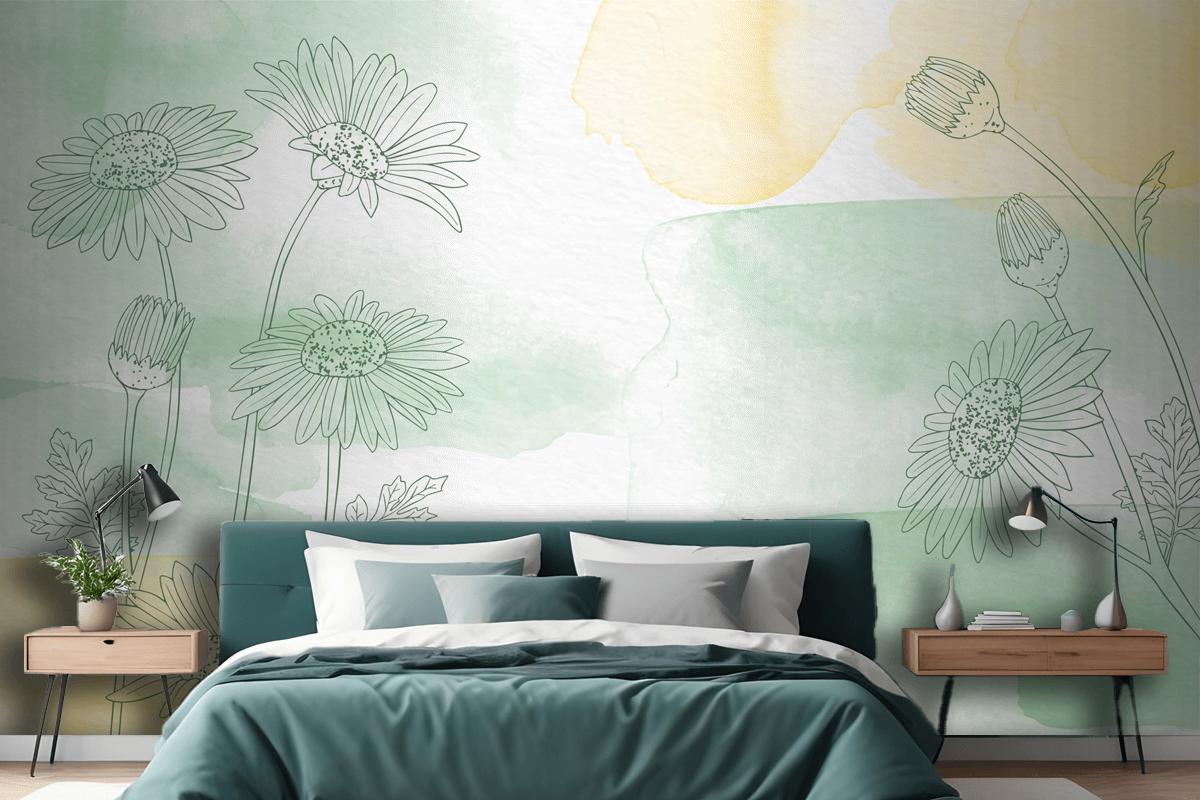 Hand Painted Background With Drawn Flowers Wallpaper Mural