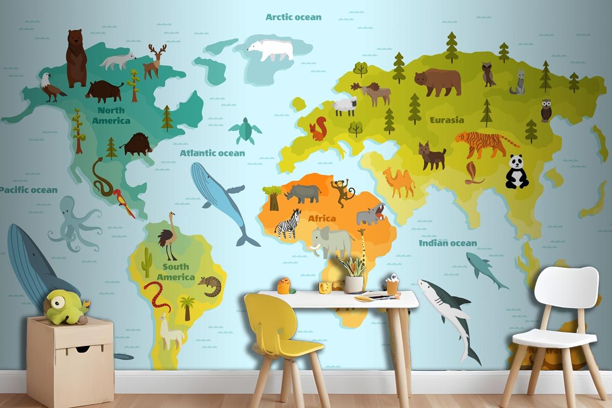 World Map With Different Animal Wallpaper Mural