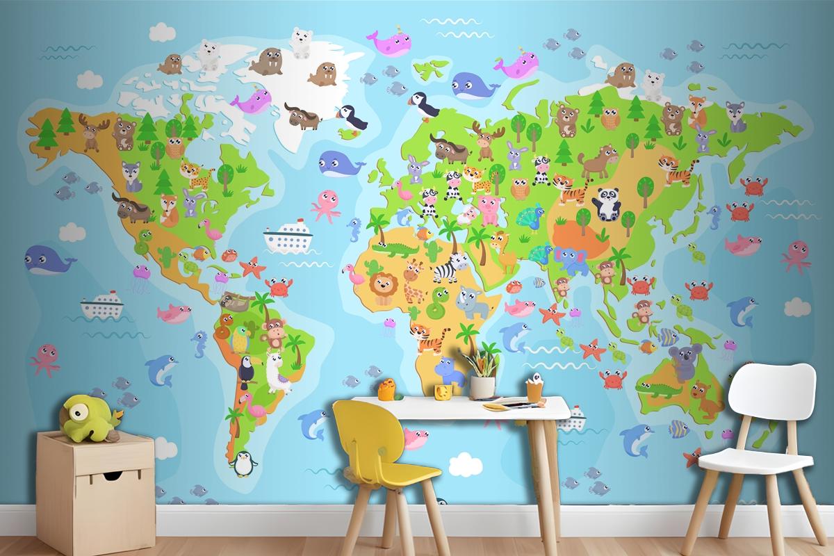  World Map With Animals For Kids Wallpaper Mural