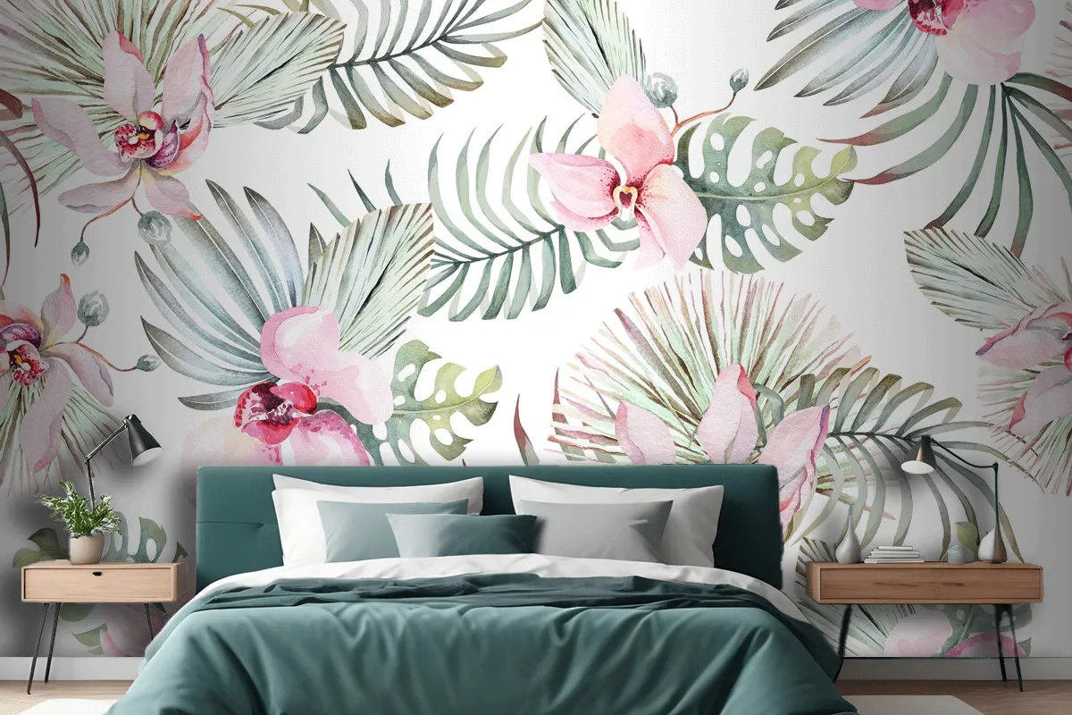 Seamless Pattern Of Tropical Plant Orchid And Flower For Fabric Wallpaper Mural