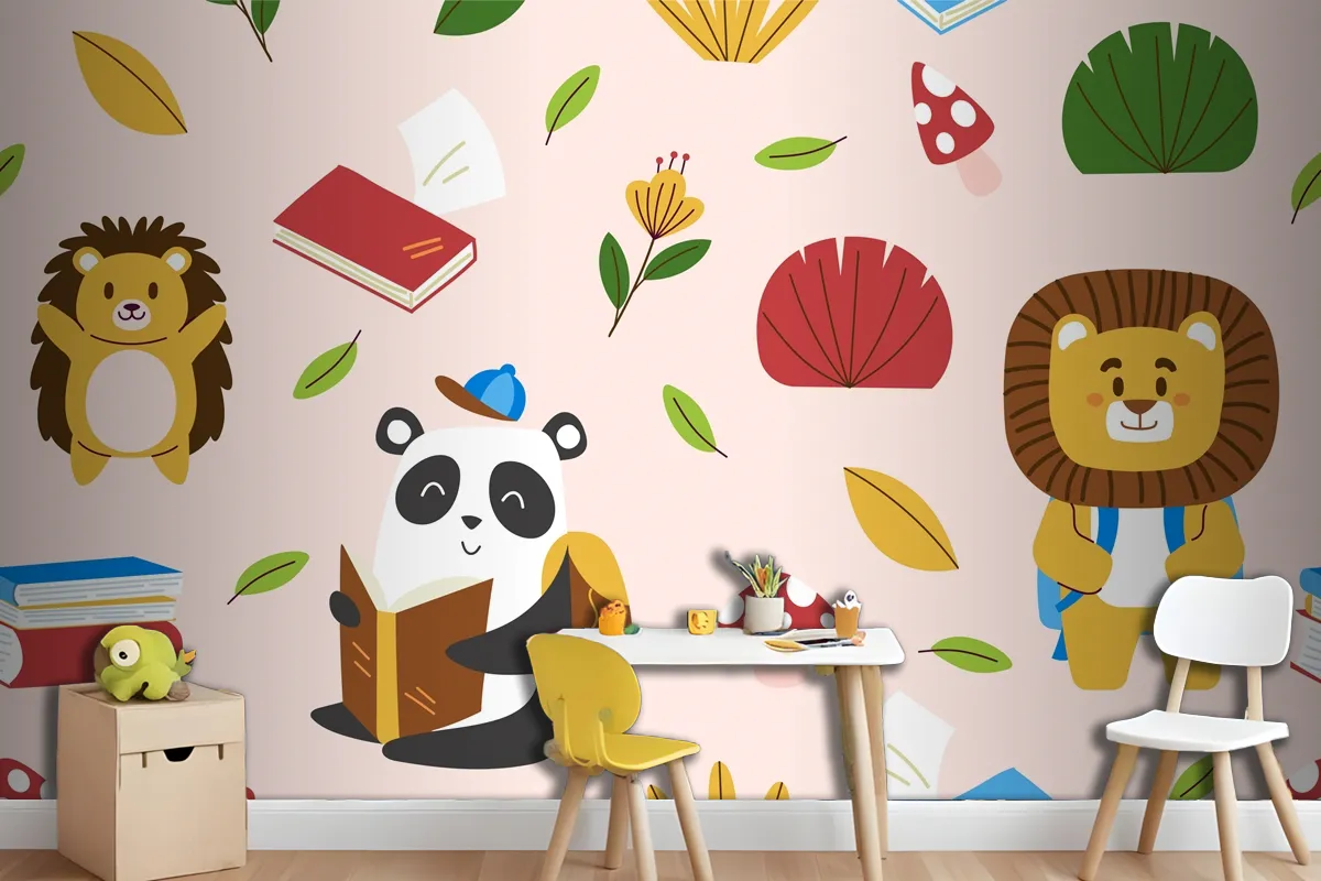 Hand Drawn Childlike Animals Pattern Wallpaper Mural